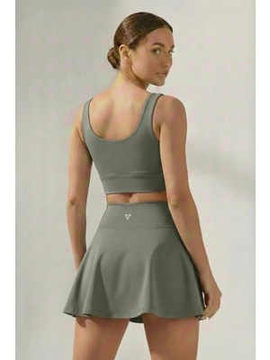 Emfure Haki Yüksek Bel Tenis ve Yoga Eteği - Çift Katmanlı Esnek Şortlu Mini Spor Etek