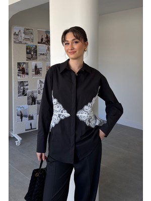 Magarde Dantel Detaylı Bağlamalı Gömlek- Siyah