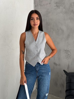 Boom Bester Kadın Astarlı Yelek Açık Gri– Düğmeli Şık Spor Tarz Yelek Poliviskon Kumaş