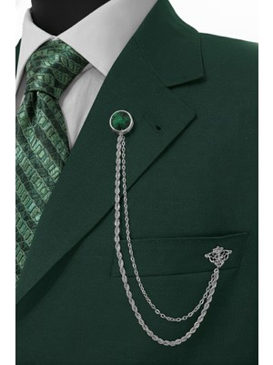 Gold Renk Yeşil Taşlı Ceket & Damatlık & Blazer Zincirli Yaka Aksesuarı