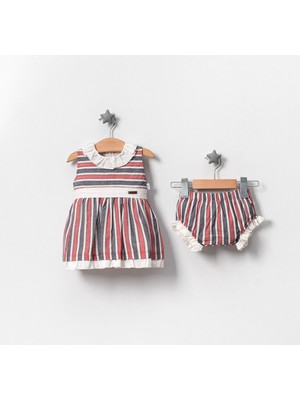 Jolly Joy Çizgili Dokuma Elbise - Kırmızı - 9 - 12 Ay Kırmızı