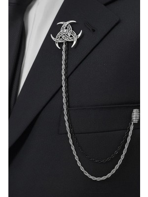 Gümüş Renk Oksit Üçleme Kelt Viking Ceket & Damatlık & Blazer Zincirli Yaka Aksesuarı