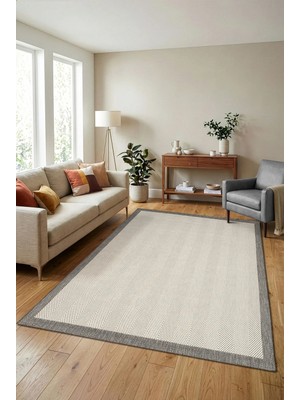 Cinka Home Kaydırmaz Tabanlı Makinede Yıkanabilir Toz Hav Vermez Çerçeveli Sisal 6663 Gri Krem