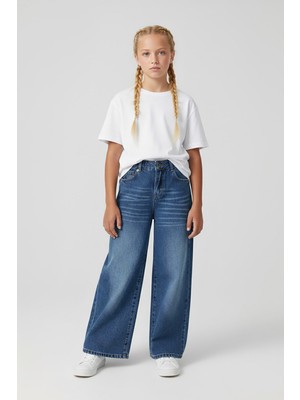 Dmb Boys & Girls Kız Çocuk Pamuklu Rahat Kesim Geniş Paça Kot Pantolon Lacivert