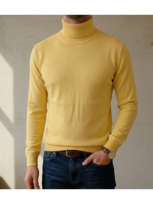 Sdnyazo Premium Erkek Açık Sarı Kaşmir ve Yünlü Tam Balıkçı Yaka Slim Fit Triko Kazak