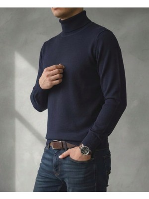 Sdnyazo Premium Erkek Koyu Lacivert Pamuklu Tam Balıkçı Yaka Slim Fit Triko Kazak