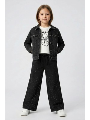 Dmb Boys & Girls Kız Çocuk Beli Lastikli Bağcıklı Taş Baskılı Kot Pantolon Füme