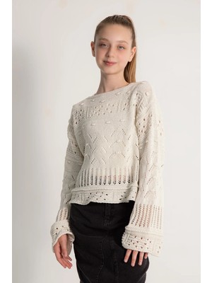 Dmb Boys & Girls Kız Çocuk Ajurlu Örgü Kazak ve Crop Takım Ekru 2 Parça