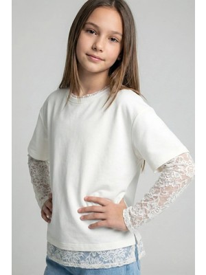 Dmb Boys & Girls Kız Çocuk Dantel Kollu Tshirt Ekru