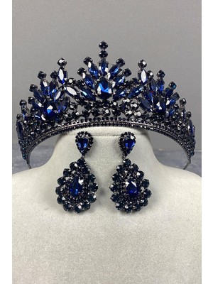 Özbience Lacivert Gelin Kına Tacı ve Damla Abiye Küpe Takımı