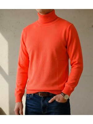 Sdnyazo Premium Erkek Fosfor Turuncu Kaşmir ve Yünlü Tam Balıkçı Yaka Slim Fit Triko Kazak