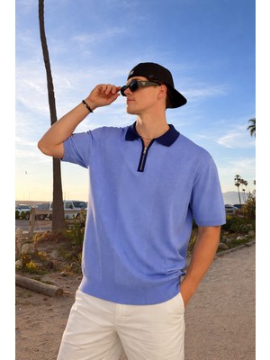 Damga Erkek Çizgili Fermuarlı Mavi Polo Yaka T Shirt