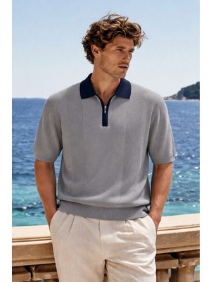Damga Erkek Trend Fermuarlı Gri Triko Polo Yaka T Shirt
