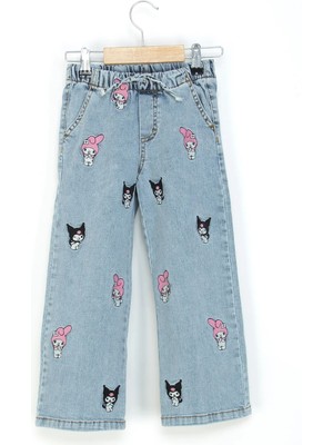 Dmb Boys & Girls Kız Çocuk Kuromi Işlemeli Beli Lastikli Kot Pantolon Mavi