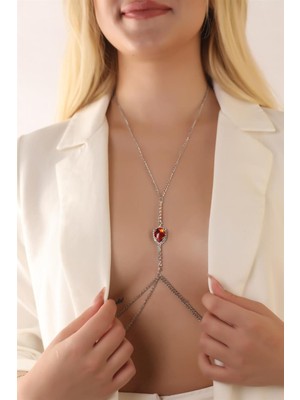 Özbience Kırmızı Kristal Taşlı Vücut Aksesuarı Göğüs Bikini Zinciri Crop Takısı