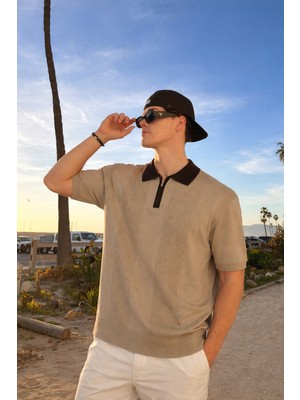 Damga Erkek Çizgili Fermuarlı Krem Polo Yaka T Shirt