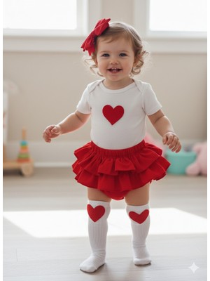 Mars Baby Kız Bebek Çocuk Kırmızı Fırfırşort Kalp Figürlü Badili Çoraplı Takım