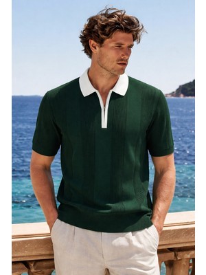 Damga Erkek Trend Fermuarlı Yeşil Triko Polo Yaka T Shirt