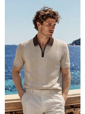 Damga Erkek Trend Fermuarlı Krem Triko Polo Yaka T Shirt