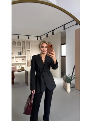 Qimya Butik 4s Women Kadın Yaka Içi ve Manşeti Dantel Detaylı Ip Kuşaklı Poliviskon Basic Ceket