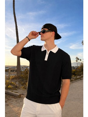 Damga Erkek Çizgili Fermuarlı Siyah Polo Yaka T Shirt