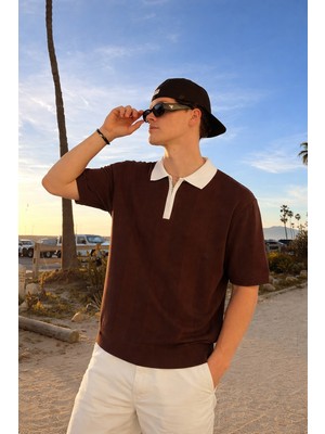 Damga Erkek Çizgili Fermuarlı Kahve Polo Yaka T Shirt