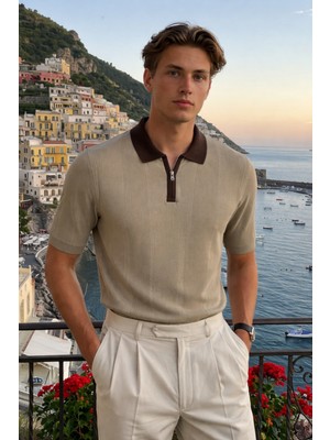 Damga Erkek Fermuarlı Çizgili Triko Krem Polo Yaka T Shirt