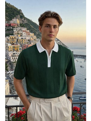 Damga Erkek Fermuarlı Çizgili Triko Yeşil Polo Yaka T Shirt