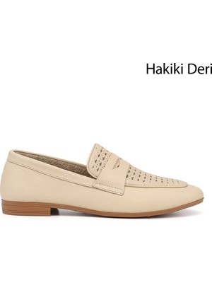 Gönderi® Kadın Bej Antik Baskılı Hakiki Deri Loafer