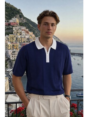 Damga Erkek Fermuarlı Çizgili Triko Lacivert Polo Yaka T Shirt