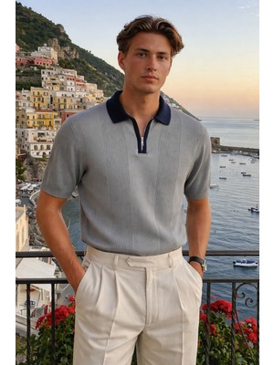 Damga Erkek Fermuarlı Çizgili Triko Gri Polo Yaka T Shirt