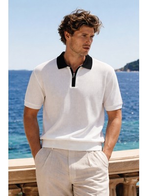 Damga Erkek Trend Fermuarlı Beyaz Triko Polo Yaka T Shirt