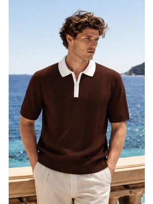 Damga Erkek Trend Fermuarlı Kahve Triko Polo Yaka T Shirt