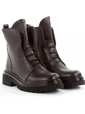 Rella Kadın Bot Iç Dış Hakiki Deri Kahverengi Cilt Bağcıklı Kalın Taban Günlük Rahat Şık Bilek Bot