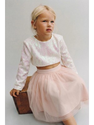 Magu Kız Çocuk Pamuklu Ekru Pembe Payetli Uzun Kollu Crop Bluz
