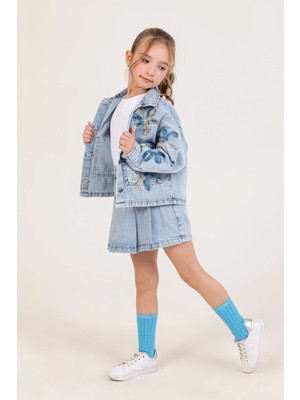Dmb Boys & Girlskız Çocuk Takım Çiçek Detaylı Kot Ceket ve Kot Şort Etek Kız Çocuk Takım Mavi
