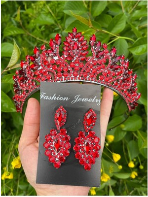 Özbience Kırmızı Kadın Gelin Tacı ve Küpe Seti, Şık ve Parlak Tasarım