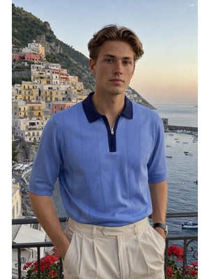 Damga Erkek Fermuarlı Çizgili Triko Mavi Polo Yaka T Shirt