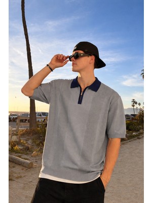 Damga Erkek Çizgili Fermuarlı Gri Polo Yaka T Shirt