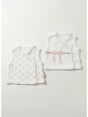 Magu Bebek Pamuklu Beyaz Pembe Fiyonklu ve Desenli Yelek 2'li Set - Kruvaze Model