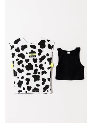 Magu Kız Çocuk Pamuklu Siyah Beyaz Desenli Oversize T-Shirt ve Siyah Ribana Atlet Ikili Takım