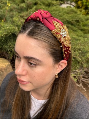 Özbience Bordo Saten ve Gold Boncuk Detaylı Şık Kadın Abiye ve Nişan Saç Tacı