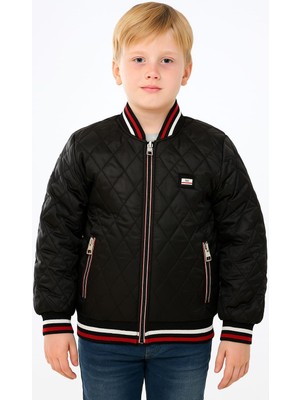 Magu Erkek Çocuk Pamuklu Siyah Kapitone Bomber Mont - Fermuarlı Cepli Ribana Yaka Detaylı Ceket