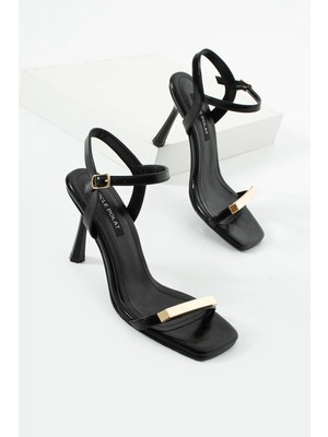 Dicle Polat Kadın Siyah Gold Detaylı Topuklu Sandalet Bilekten Bantlı Ince Topuk Abiye ve Günlük Şık Fraga