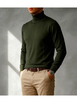 Sdnyazo Premium Erkek Haki Pamuklu Tam Balıkçı Yaka Slim Fit Triko Kazak