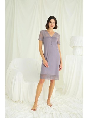 MTM My The Mall Giyim Yakası Kolu ve Omzu ve Eteği Dantelli Önü Düğmeli Gecelik