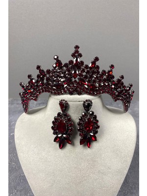 Özbience Bordo Tokyo Taşlı Gelin Kına Tacı ve Mekikli Küpe, Şıklık ve Zarafet Için