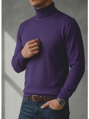 Sdnyazo Premium Erkek Koyu Mor Kaşmir ve Yünlü Tam Balıkçı Yaka Slim Fit Triko Kazak