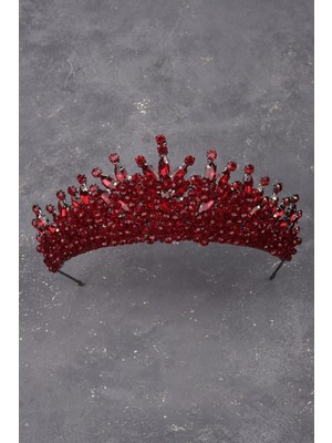 Özbience Bordo Kristal Taşlı Boncuk Süslemeli Gelin ve Düğün Tacı