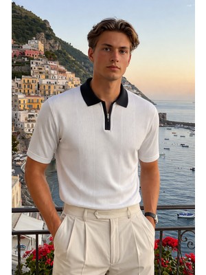 Damga Erkek Fermuarlı Çizgili Triko Beyaz Polo Yaka T Shirt